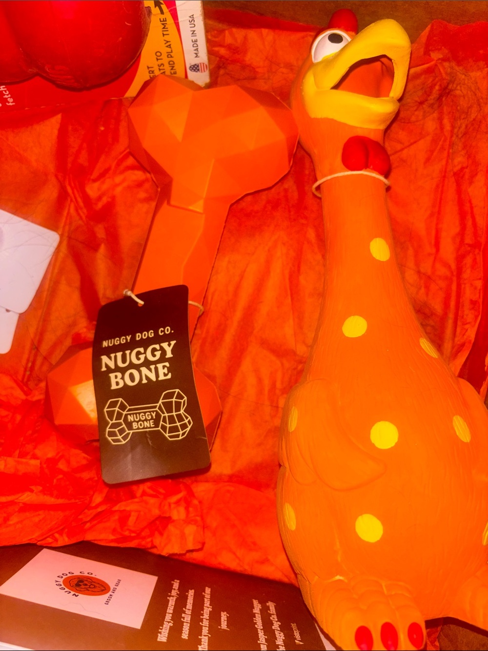 Nuggy Bone Orange Dog Chew Toy & Orange Squeaky Chicken Set